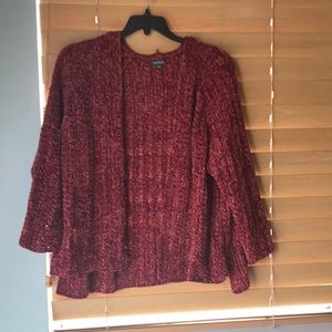 Cranberry red, velvet cable knit sweater.
